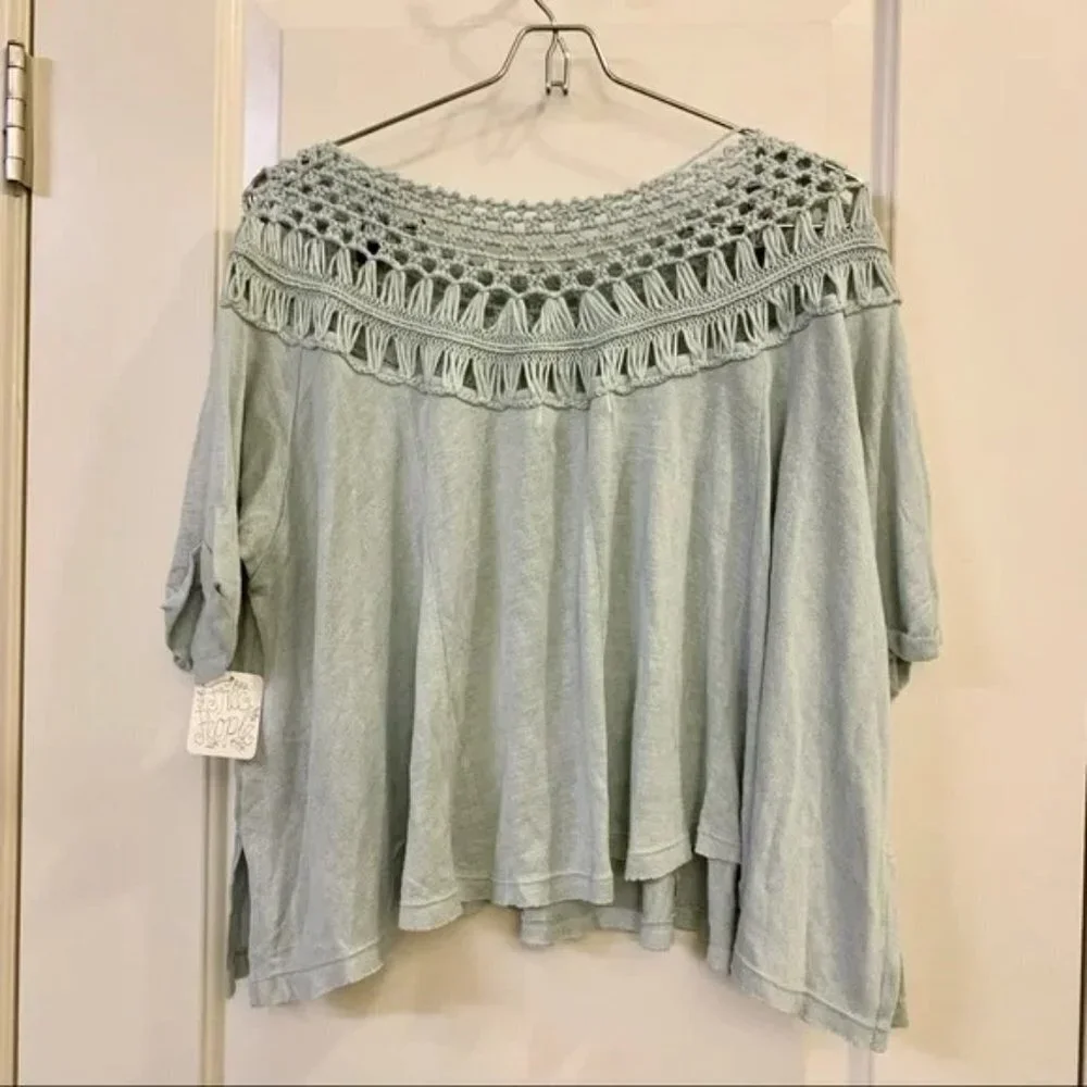 🩵 Free People Crochet Pale Baby Blue Colette Macrame Neckline Tee